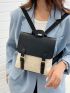 Two Tone Buckle Decor Straw Flap Backpack