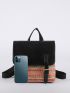 Color Block Buckle Decor Straw Flap Backpack