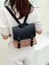 Color Block Buckle Decor Straw Flap Backpack