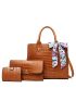 3pcs Crocodile Embossed Twilly Scarf Decor Tote Bag Set, Best Work Bag For Women