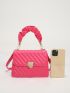 Neon-Pink Heart Lock Quilted Top Handle Flap Square Bag