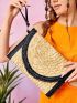 Tassel Decor Contrast Binding Flap Straw Bag