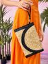 Tassel Decor Contrast Binding Flap Straw Bag