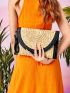 Tassel Decor Contrast Binding Flap Straw Bag