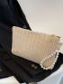 Weave Detail Square Bag With Faux Pearl Beaded Wristlet