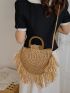 Fringe Trim Double Handle Straw Bag