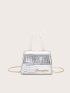 Mini Metallic Crocodile Embossed Faux Pearl Beaded Flap Chain Square Bag