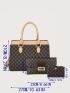 3pcs Geometric Print Letter Embossed Top Handle Bag Set