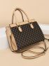 3pcs Geometric Print Letter Embossed Top Handle Bag Set