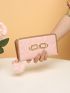 Bow Embroidered Horsebit Decor Long Wallet With Pom Pom Bag Charm