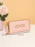 Bow Embroidered Horsebit Decor Long Wallet With Pom Pom Bag Charm