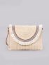 Fringe Trim Flap Straw Bag With Wristlet