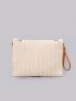 Fringe Trim Flap Straw Bag With Wristlet