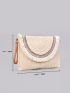 Fringe Trim Flap Straw Bag With Wristlet