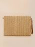Tassel Decor Flap Straw Bag With Wristlet
