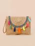 Tassel Decor Flap Straw Bag With Wristlet