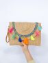 Tassel Decor Flap Straw Bag With Wristlet