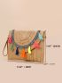 Tassel Decor Flap Straw Bag With Wristlet