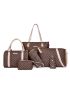 6pcs Fashion Geometric Pattern Tote Bag Set Metal Decor Double Handle Zipper PU