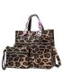 Leopard Pattern Twilly Scarf Decor Tote Bag With Square Bag, Best Work Bag For Women