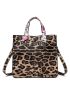 Leopard Pattern Twilly Scarf Decor Tote Bag With Square Bag, Best Work Bag For Women