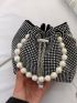 Studded Decor Faux Pearl Beaded Drawstring Design Chain Bucket Bag
