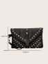 Litchi Embossed Tassel & Studded Decor Flap Square Bag