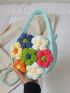 Mini Straw Bag Flower Decor Double Handle