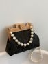 Faux Pearl Beaded Straw Bag Small Black Vacation