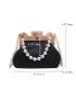 Faux Pearl Beaded Straw Bag Small Black Vacation