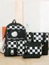 4pcs Checkered Print Functional Backpack Set With Cartoon Bag Charm