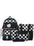 4pcs Checkered Print Functional Backpack Set With Cartoon Bag Charm