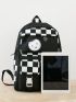 4pcs Checkered Print Functional Backpack Set With Cartoon Bag Charm