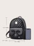 3pcs Quilted Detail Metal & Bow Decor Classic Backpack Set