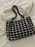 Plaid Letter Patch Decor Shoulder Tote Bag, Mothers Day Gift For Mom