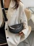 Litchi Embossed Chain & Faux Pearl Decor Saddle Bag