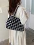 Plaid Letter Patch Decor Shoulder Tote Bag, Mothers Day Gift For Mom