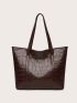 Metal Letter Decor Crocodile Embossed Shoulder Tote Bag