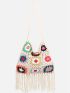 Colorblock Flower Design Fringe Decor Crochet Bag