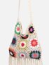 Colorblock Flower Design Fringe Decor Crochet Bag
