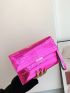 Neon Pink Crocodile Embossed Metal Decor Flap Square Bag