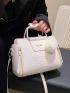 Snakeskin Embossed Letter Graphic Square Bag With Pompom Charm