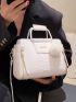 Snakeskin Embossed Letter Graphic Square Bag With Pompom Charm