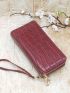 Crocodile Embossed Long Wallet Metal Decor Zipper With Wristlet PU