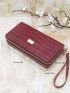 Crocodile Embossed Long Wallet Metal Decor Zipper With Wristlet PU