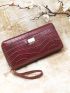 Crocodile Embossed Long Wallet Metal Decor Zipper With Wristlet PU