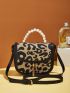 Mini Leopard Pattern Metal Chain & Faux Pearl Decor Flap Square Bag