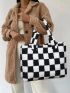 Checkerboard Pattern Fuzzy Shoulder Tote Bag