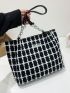 Plaid Pattern Patch Detail Tweed Shoulder Tote Bag