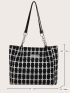 Plaid Pattern Patch Detail Tweed Shoulder Tote Bag